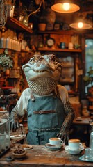 A stuffed alligator is positioned upright on a shelf within a shop setting