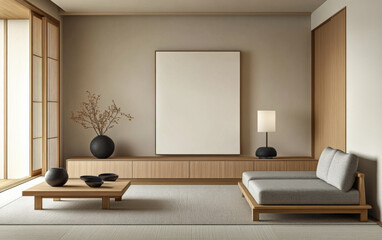 Japandi living room interior composition blending Japanese and Scandinavian minimalism with elegant furniture.