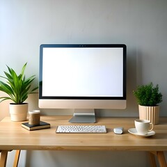 Fototapeta premium Clean and modern desktop mockup featuring a blank computer screen. a keyboard. mouse. and two potted plants.