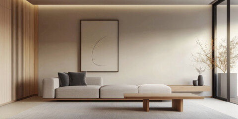 Japandi living room interior composition blending Japanese and Scandinavian minimalism with elegant furniture.