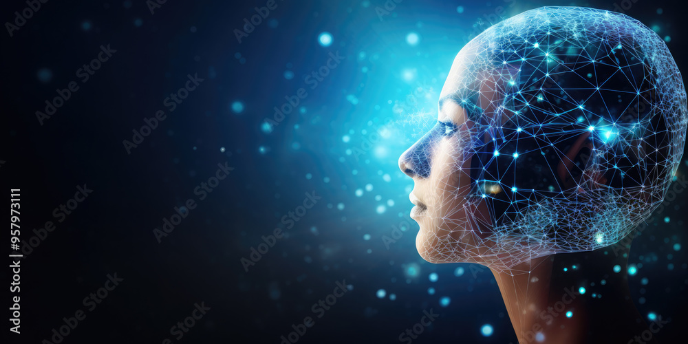 Poster artificial intelligence concept with a human head made of connecting lines and dots representing the