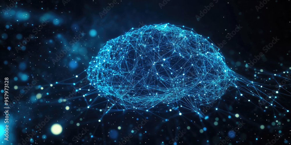 Aufkleber glowing brain made of points and lines is connecting to a network symbolizing artificial intelligenc