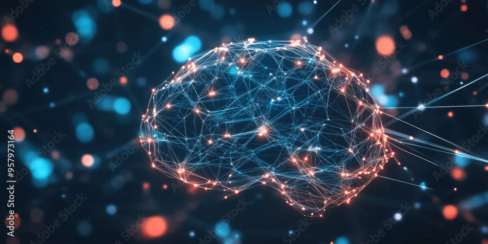 Aufkleber glowing brain made of points and lines is connecting to a network symbolizing artificial intelligenc