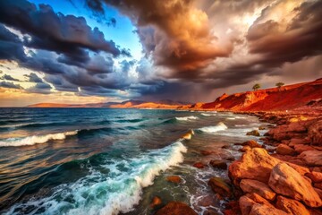 Fototapeta premium Red Sea in the afternoon with a dramatic shot of a stormy sea, with dark clouds gathering and waves crashing against the rocky shore
