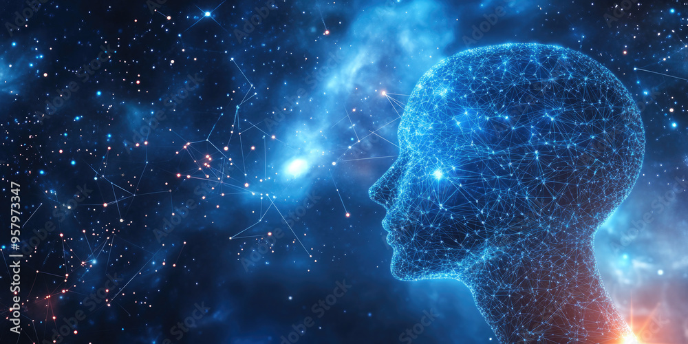 Poster artificial intelligence concept with a human head made of connecting lines and dots representing the