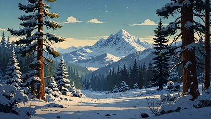 Merry christmas,Snow forest. pines in winter and mountain Paper