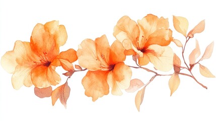 Beautiful Watercolor Floral Composition Featuring Delicate Orange Blooms and Leaves for Art Enthusiasts