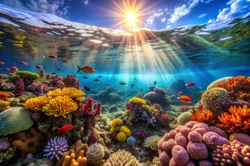 Obraz premium Red Sea in the afternoon capturing the vibrant colors of the coral reefs and marine life underwater, with sunlight filtering through the waves