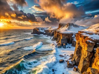 Obraz premium The rugged coastline, with snow-capped cliffs battered by the ocean's fury, illuminated by the soft, warm light of the setting sun