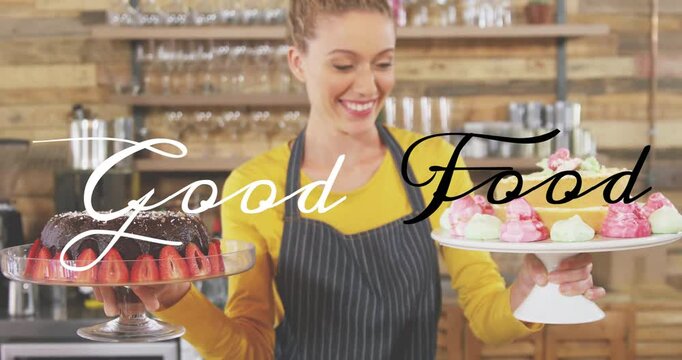 Smiling woman holding desserts with Good Food text over animation