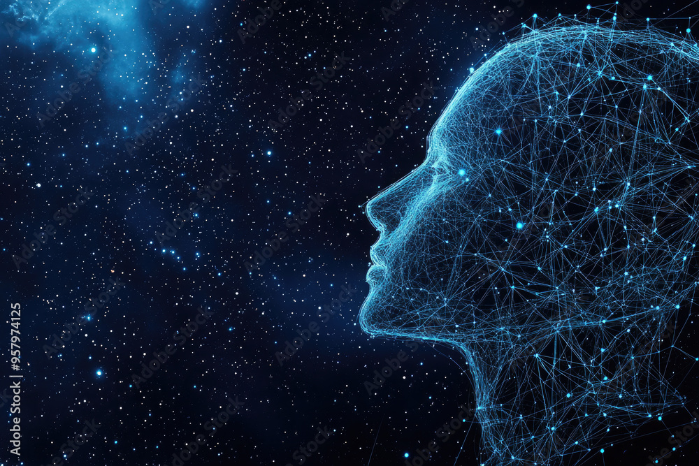 Poster artificial intelligence concept with a human head made of connecting lines and dots representing the