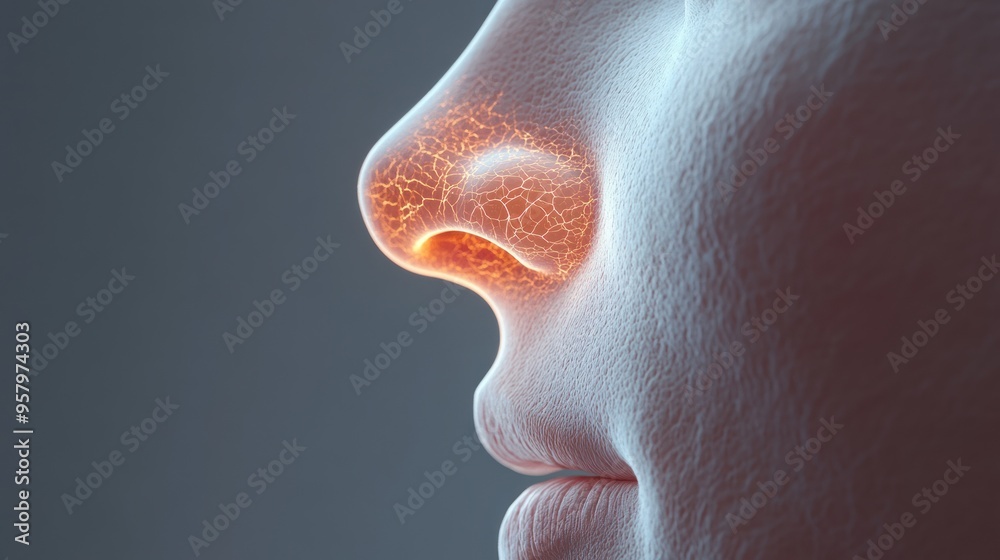 Wall mural Close-up profile of a human nose with a glowing orange interior, representing the olfactory system.