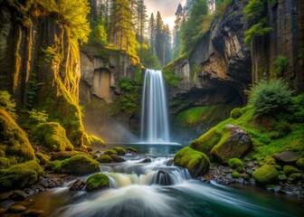 Fototapeta premium Toketee Falls after the rain cascading down moss-covered rocks, with soft, warm light filtering through the misty atmosphere.