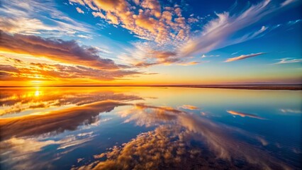 Fototapeta premium Lake Eyre in the evening with the water's surface mirroring the vibrant colors of the sunset, creating a sense of symmetry and calm.