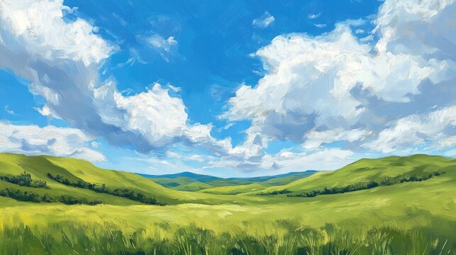 Oil painting depicting a lush meadow set against rolling green hills featuring a blue sky with clouds evoking a sense of exploration and connection with nature