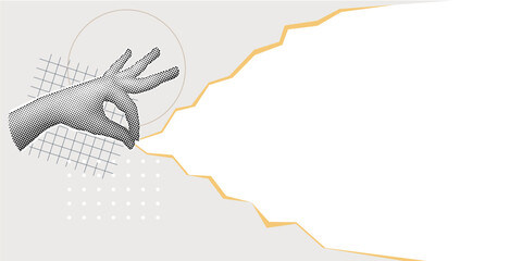 Trendy Halftone Collage with paper edge. Promotion banner with space for your design. Social media announcing and marketing.