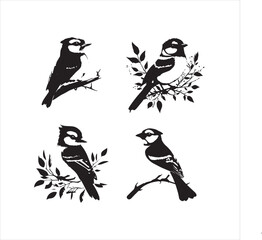 bird, vector, branch, animal, illustration, nature, tree, birds, silhouette, design, art, winter, cute, wildlife, cartoon, crow, beak, black, flower, spring, bullfinch, drawing, leaf, wing, wild