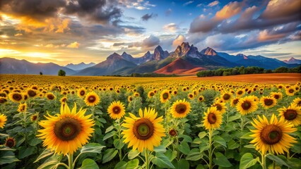 Sunflower Splendor Against Red Mountain Range
