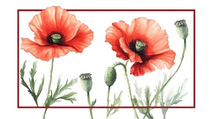 Vibrant Watercolor Poppy Flowers: A Stunning Botanical Illustration for Nature Lovers