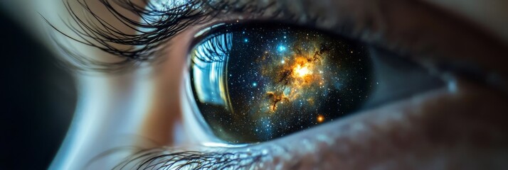 A closeup view showcases a human eye with a vibrant galaxy reflected within the iris, highlighting...