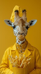 Obraz premium Anthropomorphic giraffe wearing yellow outfit holding a basket of fries