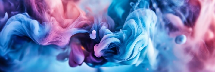 Swirling marbled ink creates a mesmerizing blend of vibrant blues and pinks in water, displaying dynamic movement and captivating patterns