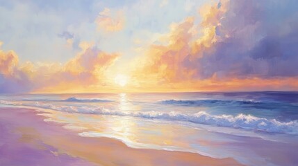 Oil painting depicting a vibrant sunrise over the beach featuring pastel hues reminiscent of cotton candy