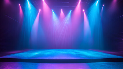 Modern dance stage with blue and purple light background with spotlight illuminated for modern dance production stage