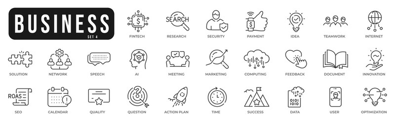 Business related original icons. Network, teamwork, payment, computing, seo, ai etc. Editable stroke. Set 4