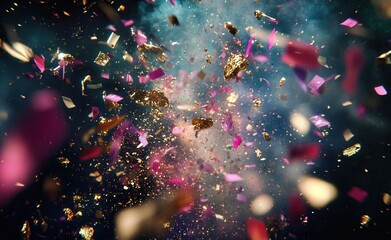 Christmas background.  Festive energy with a cascade of colorful confetti set against a dark, blurred green backdrop. 