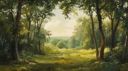 Obraz premium Panoramic oil painting depicting lush green woodlands and serene natural scenery