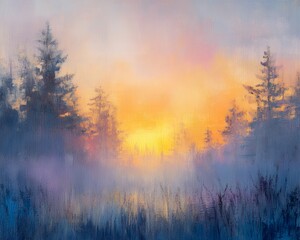 Naklejka premium Watercolor painting of a forest surrounded by mist.