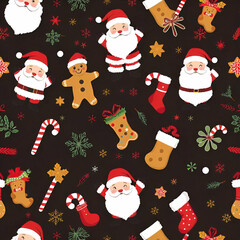 A festive Christmas pattern with Santa Claus, gingerbread men, stockings, candy canes, and other holiday elements on a dark background