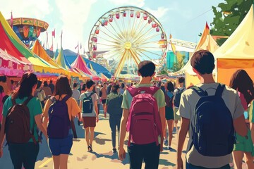 A bustling scene of a crowded festival with people walking down a lively path