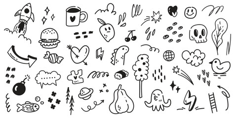 Creative Hand-Drawn Doodle Set | Playful Vector Scribbles, Symbols, and Sketches | Abstract Black and White Illustration for Design Projects