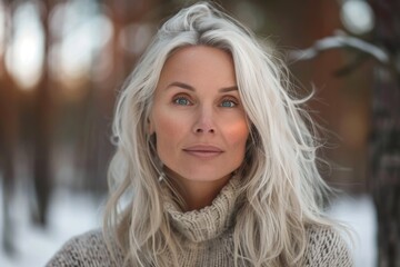 Naklejka premium Portrait of a scandinavian woman in winter forest setting AI