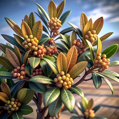 Obraz premium A vibrant 3D illustration of a California Laurel bush. showcasing its lush green leaves and clusters of golden berries.