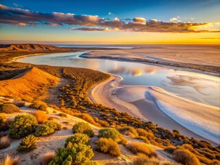 Naklejka premium Lake Eyre in the evening with the warm light of the setting sun casting a warm glow on the surrounding hills and dunes.