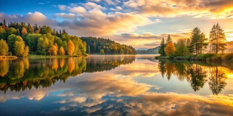 Fototapeta premium The lake's calm waters create a perfect mirror reflection of the surrounding landscape, bathed in the soft, warm tones of morning light