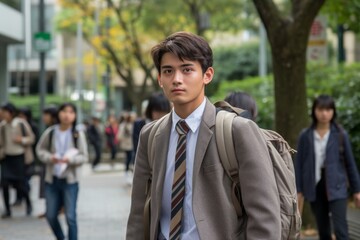 A man in a suit and tie walks down a street with a backpack
