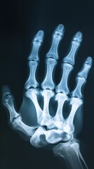 An x-ray image of a human hand showing the bones and joints.