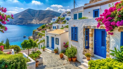 Naklejka premium The charming, whitewashed houses of a traditional Greek village, with their blue Shutters and colorful doorways, nestled among the lush greenery and overlooking the calm, blue waters of the Aegean.