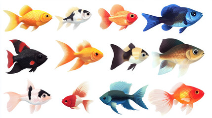 Naklejka premium Collection of freshwater aquarium fish with water bubbles and aquatic plants.