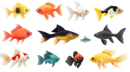 Collection of freshwater aquarium fish with water bubbles and aquatic plants.