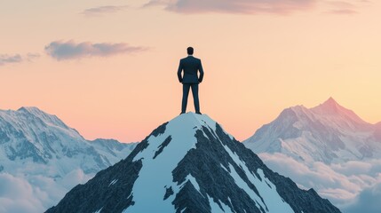 Inspiring Business Leadership Concept - Executive Standing on Mountain Top, Copy Space for Text, Selective Focus 3D Illustration in Ultra HD