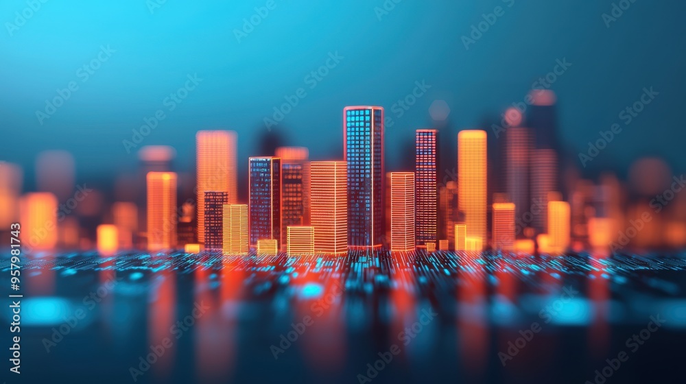 Wall mural Futuristic Holographic Investment Insights with Modern Skyline in Ultra HD - Finance and Technology Concept