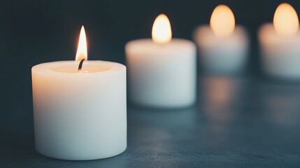 A serene arrangement of lit candles, creating a warm ambiance and peaceful atmosphere ideal for relaxation or meditation.