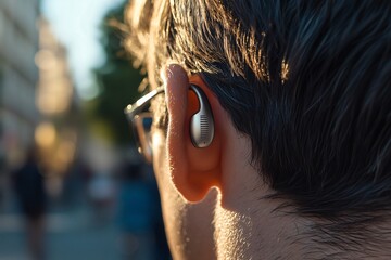 Naklejka premium Man with glasses is wearing a modern hearing aid for better hearing