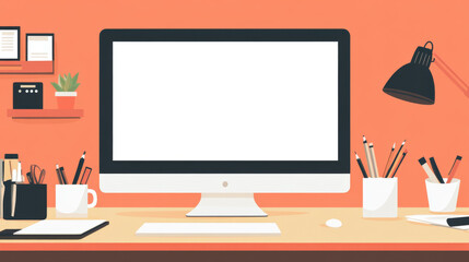 Graphic designer's workspace with a computer featuring a white screen and creative tools on the table.