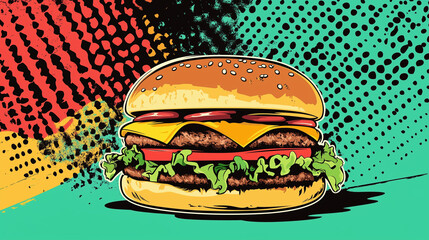 It is a burger ad designed like a comic book cover. It's a pop art burger ad. burger advertisement banner with copy space.
